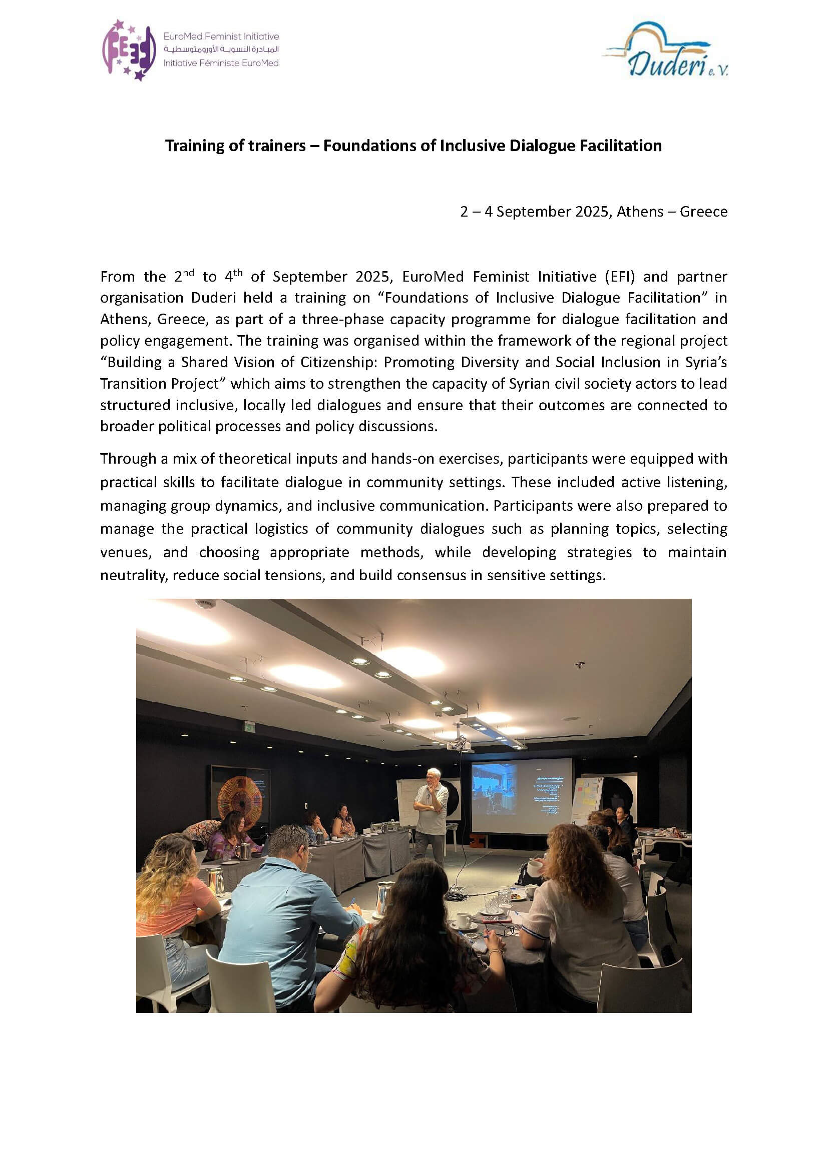 Training of trainers – Foundations of Inclusive Dialogue Facilitation | EFI - EuroMed Feminist Initiative