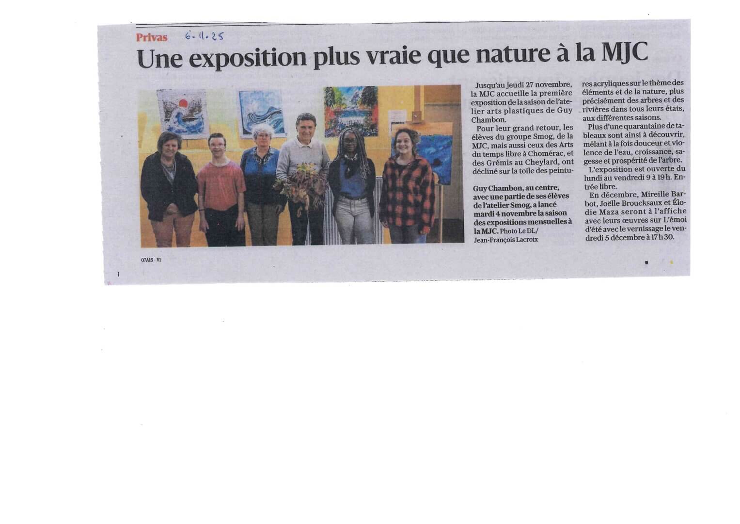 Article du Dauphiné Libéré du 06/11/2025 - Expo de novembre à la MJC | Couleurs des Liens