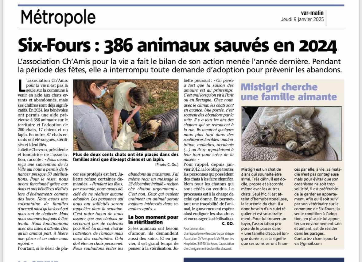 Six-Fours : 386 animaux sauvés en 2024 | Ch'amis pour la vie