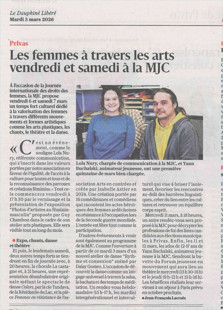 Article du Dauphiné Libéré du 03/03/2026 - Les Femmes à travers les arts, le 07/03 | Couleurs des Liens