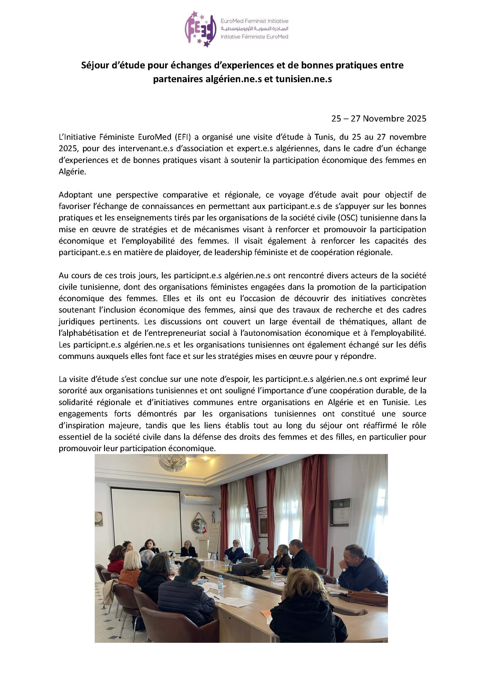 Study visit for the exchange of experiences and best practices between Algerian and Tunisian partners. | EFI - EuroMed Feminist Initiative