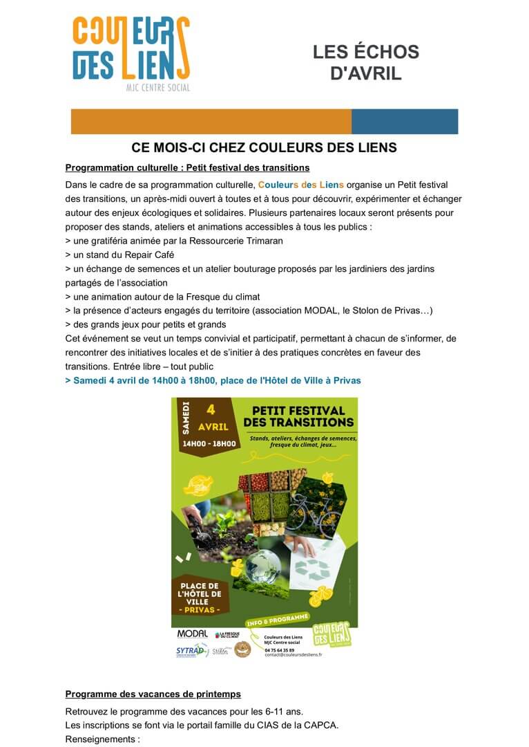 Newsletter mensuelle - Les échos d'avril | Couleurs des Liens