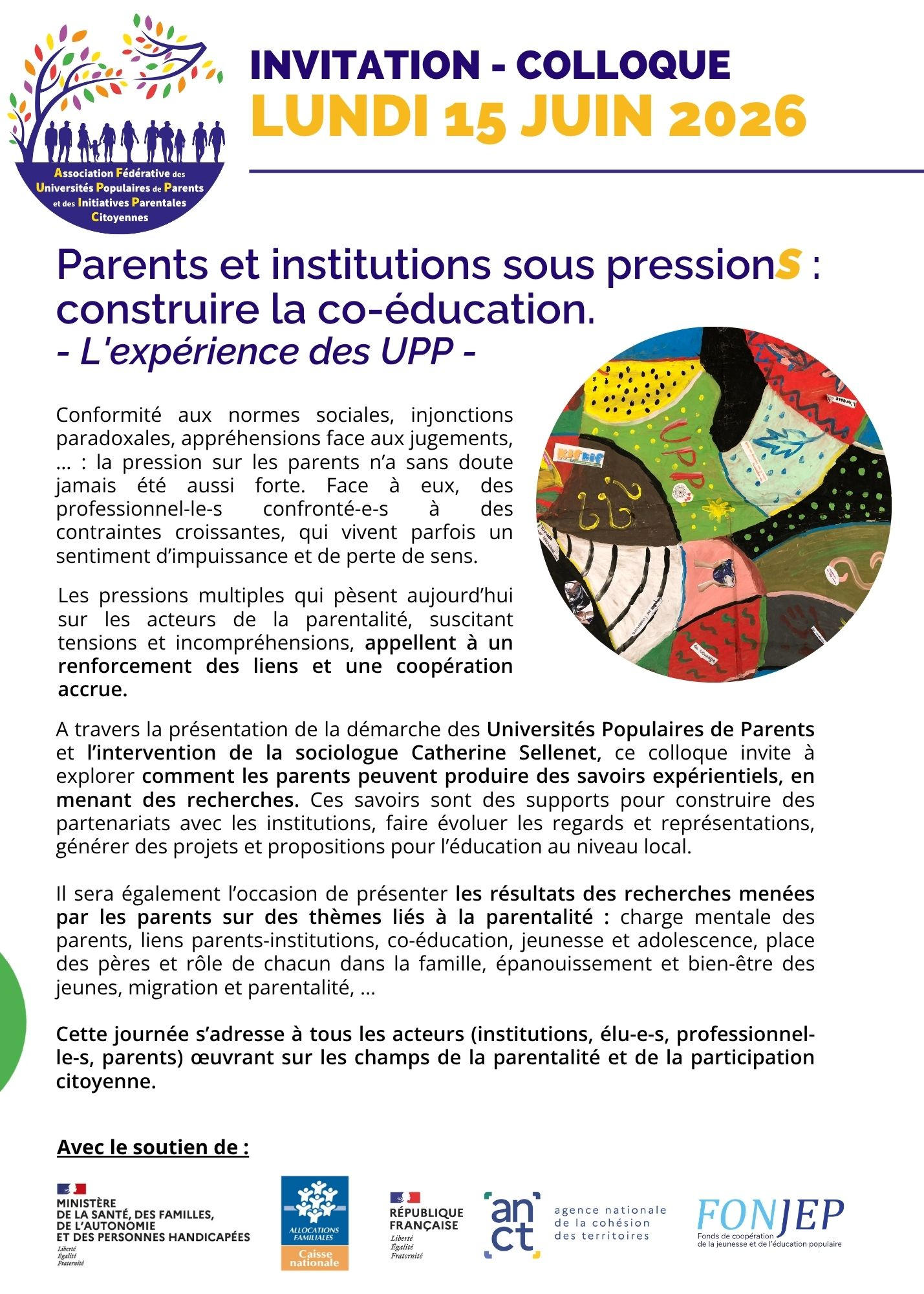 Colloque AF UPP - 15 juin 2026 : "Parents et institutions sous pressions : construire la co-éducation. L'expérience des UPP." | Parents Citoyens