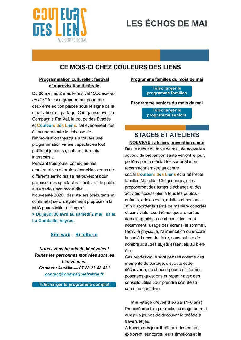 Newsletter mensuelle - Les échos de mai | Couleurs des Liens