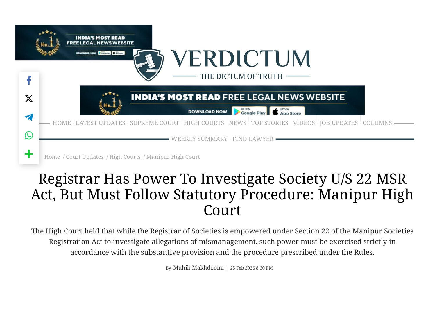Registrar Has Power To Investigate Society U/S 22 MSR Act, But Must Follow Statutory Procedure: Manipur High Court | Forus