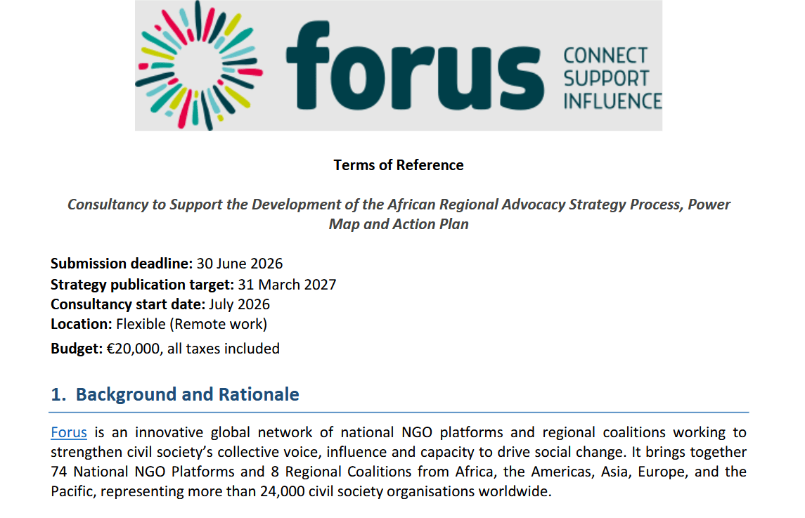 ToR Forus  African Regional Advocacy Strategy Process, Power Map and Action Plan | Forus