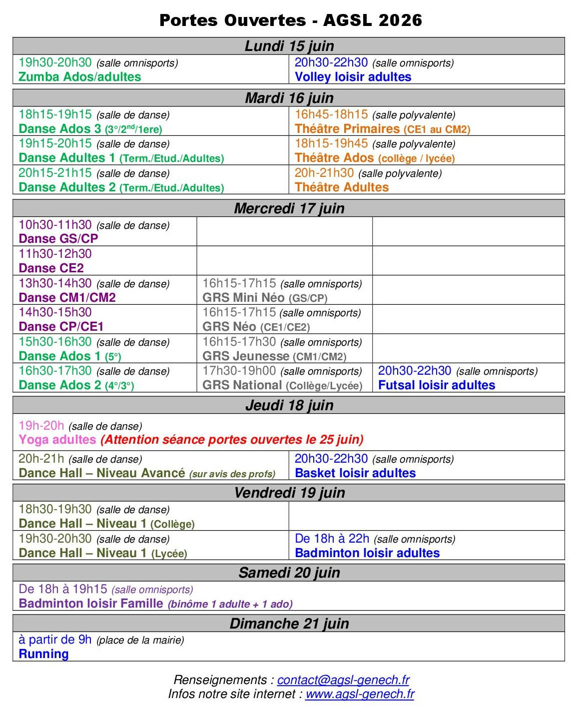 Planning Portes ouvertes 26 | AGSL