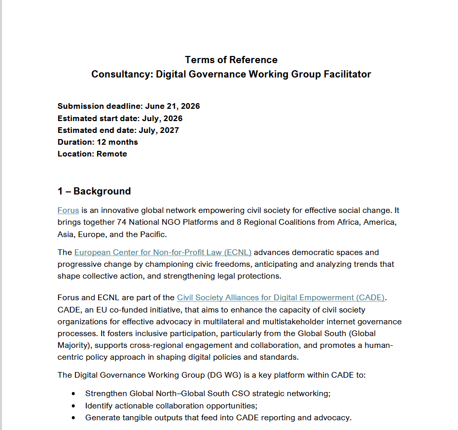 Terms of Reference Consultancy: Digital Governance Working Group Facilitator | Forus