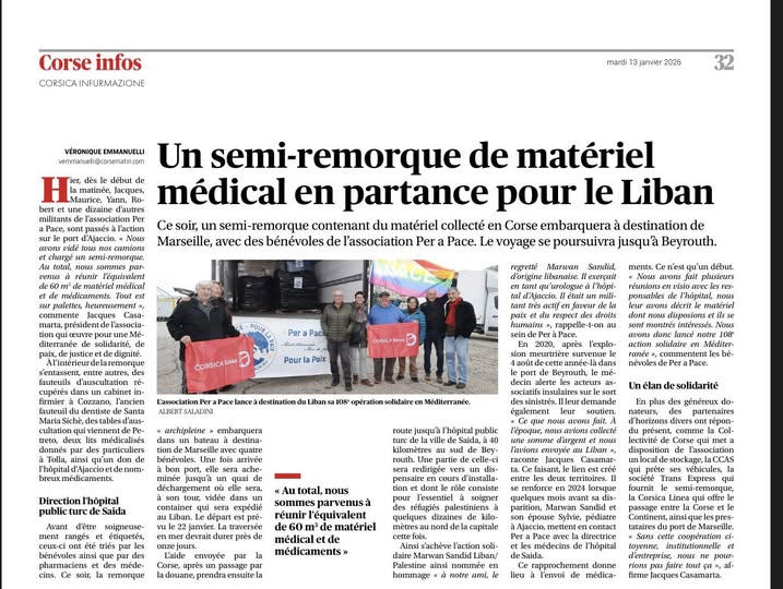 CORSE MATIN : Un semi-remorque de matériel médical en partance pour le Liban | Per a Pace