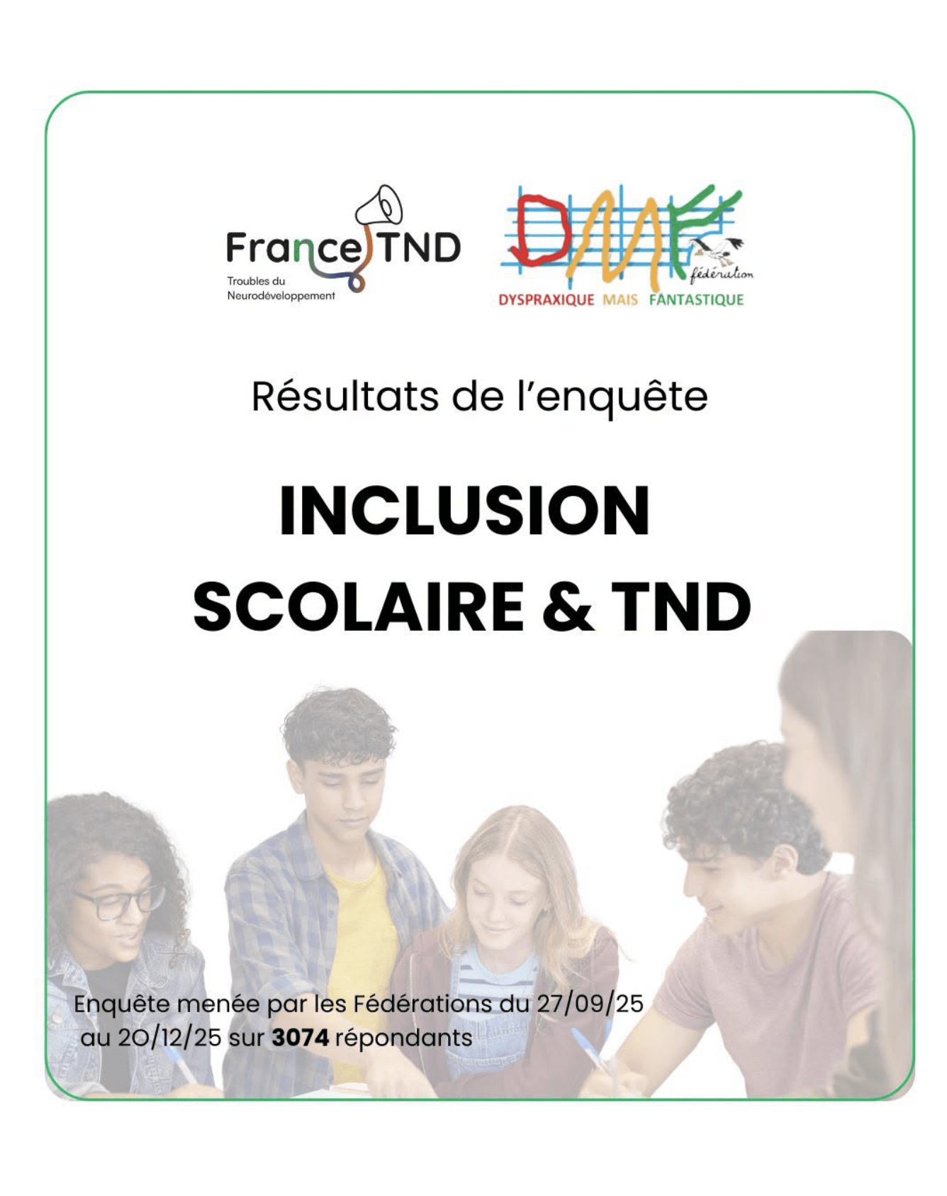 Résultats de l’enquête nationale sur l’inclusion scolaire et les TND par la Fédération Dyspraxique Mais Fantastique et France TND | FDMF - Fédération Dyspraxique Mais Fantastique