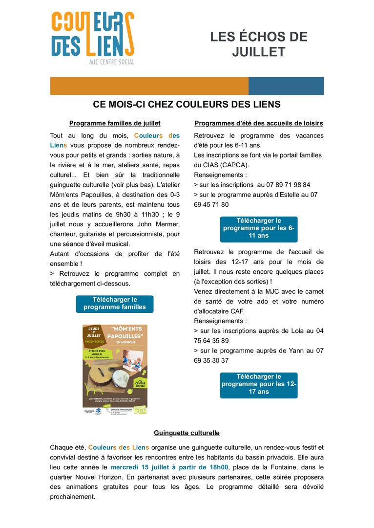 Newsletter mensuelle - Les échos de juillet | Couleurs des Liens