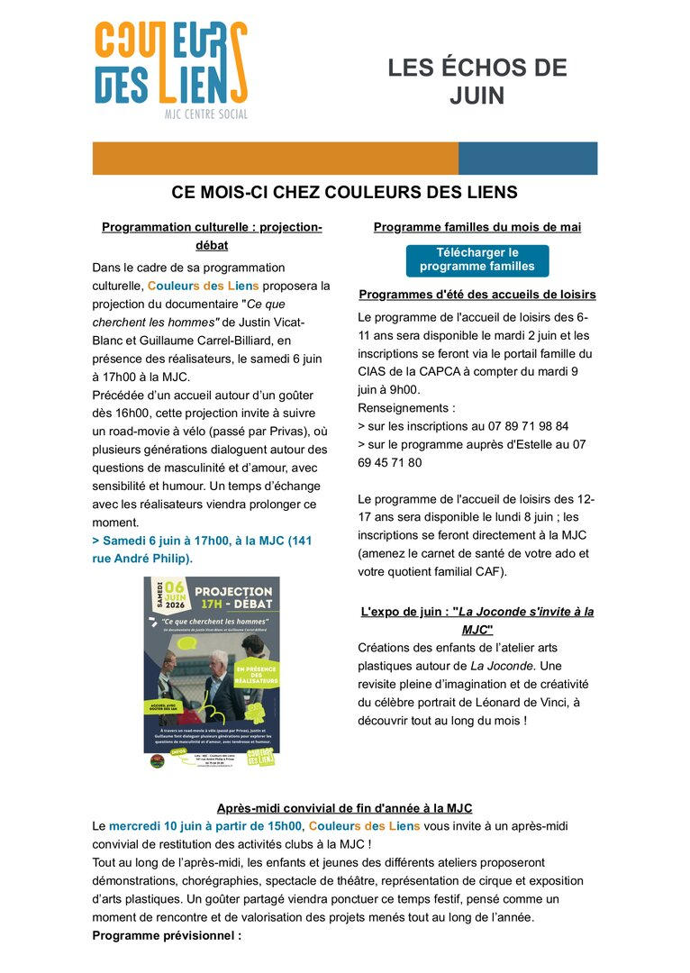 Newsletter mensuelle - Les échos de juin | Couleurs des Liens