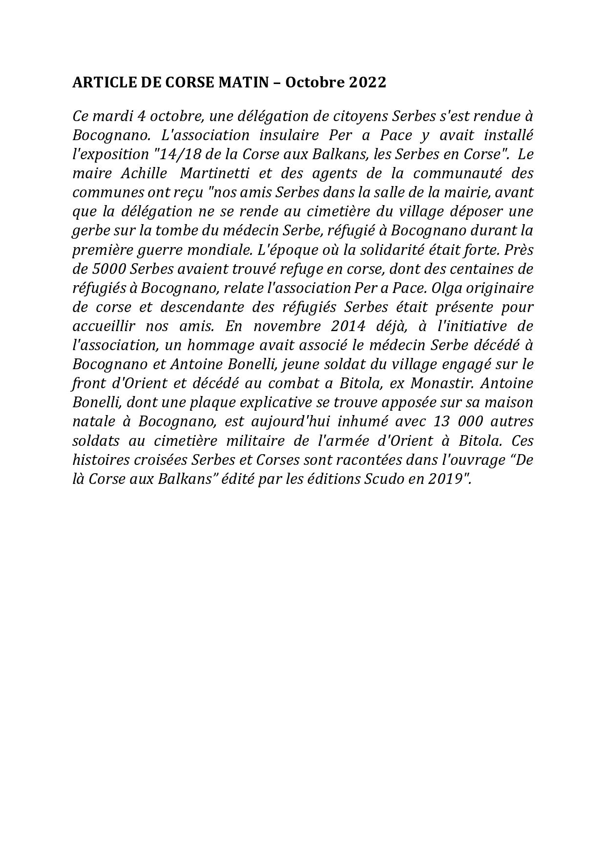 ARTICLE DE CORSE MATIN | Per a Pace