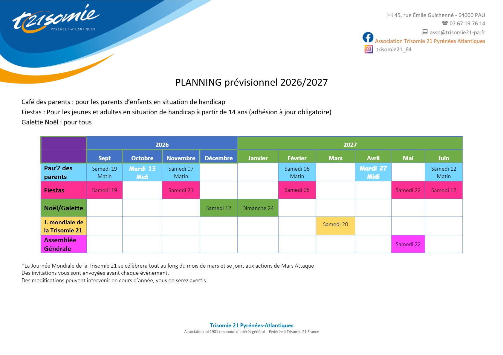 PLANNING 20262027 | Trisomie 21 Nouvelle Aquitaine