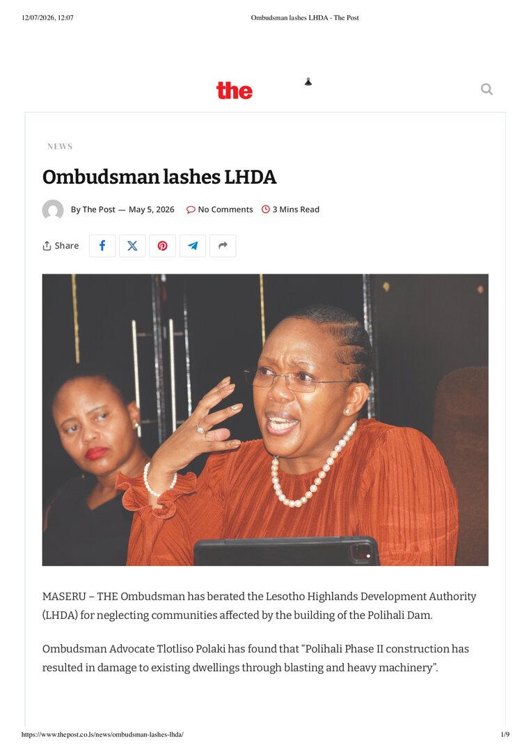 Lesotho Ombudsman lashes LHDA - The Post | Forus