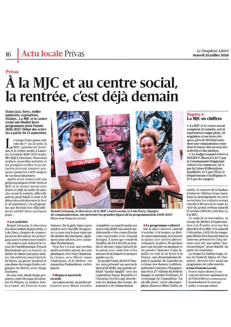Article du Dauphiné Libéré du 25/07/2026 - Rentrée de Couleurs des Liens | Couleurs des Liens