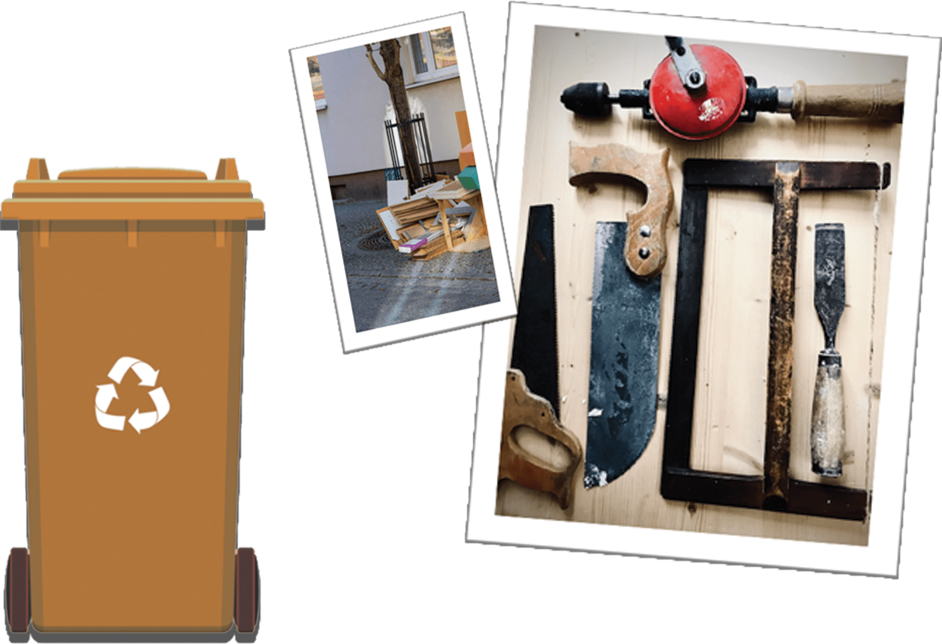 Bac de recyclage et photos d'objets en bois et d'outils