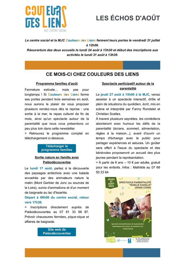 Newsletter mensuelle - Les échos d'août | Couleurs des Liens