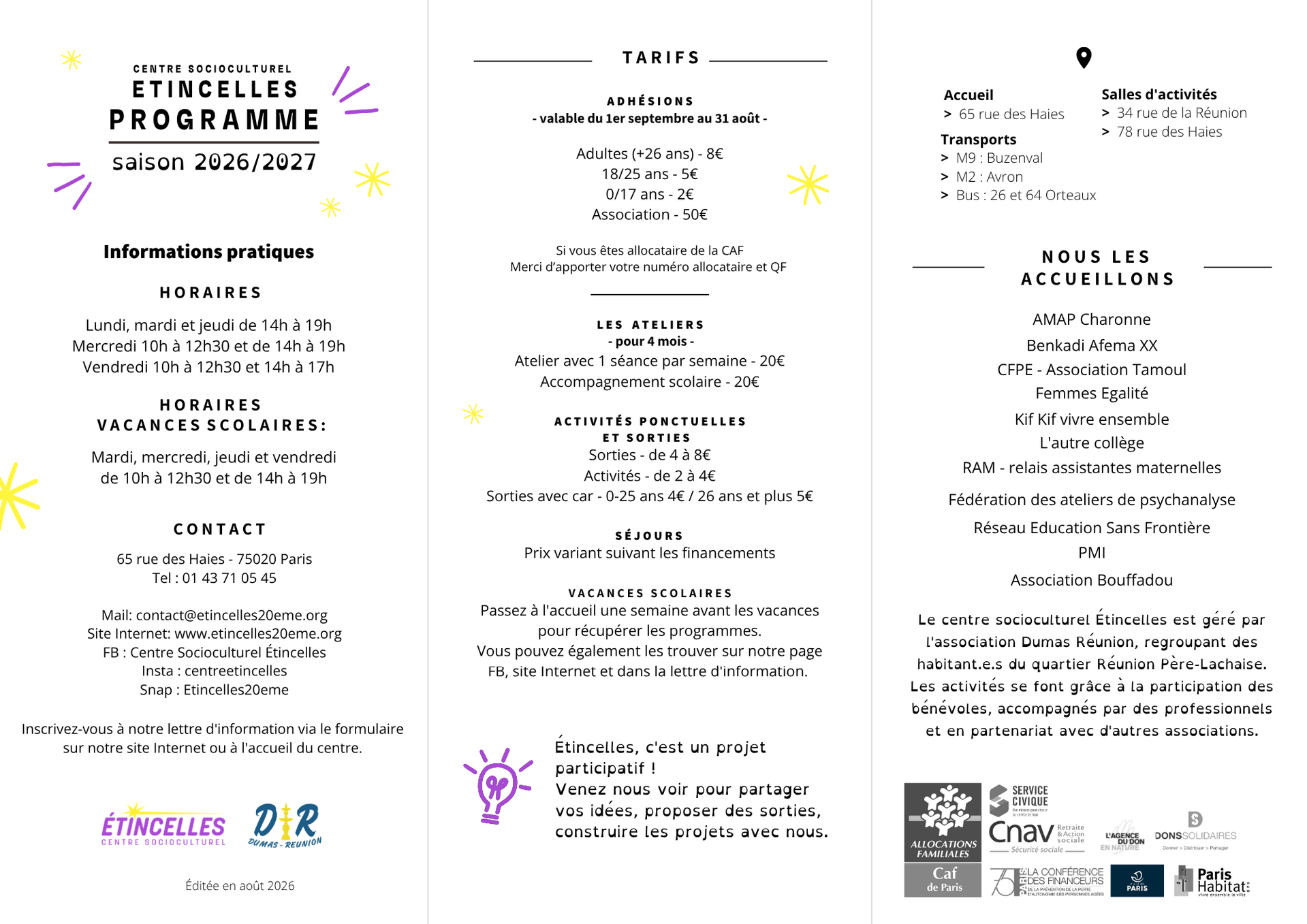 Plaquette des activités 2026-2027 | Etincelles