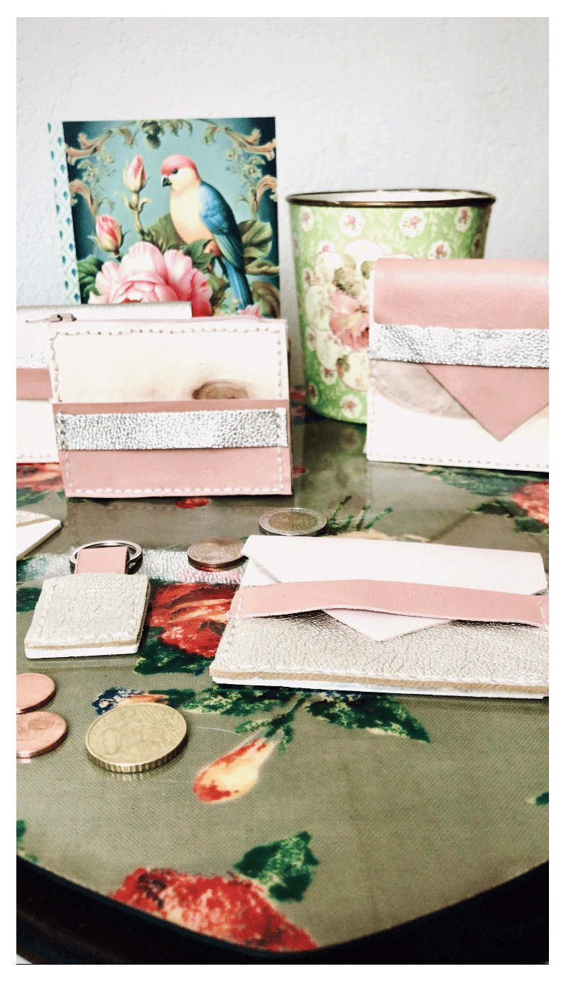 Porte-cartes bois et cuir rose