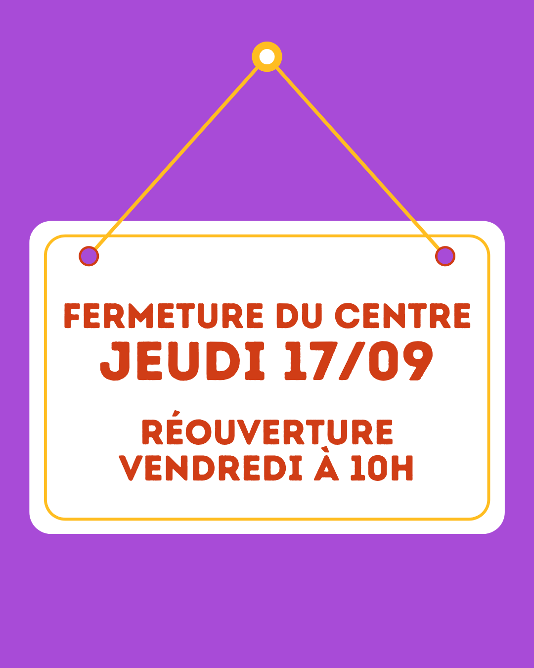 FERMETURE DU CENTRE JEUDI 17/09 | Etincelles