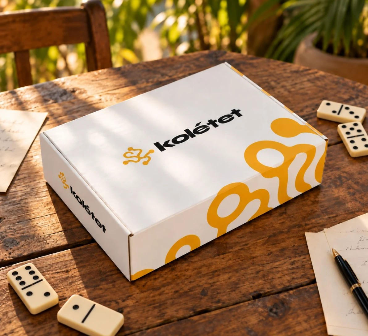 La boîte du jeu Kolétet posée sur une table en bois, avec des dominos