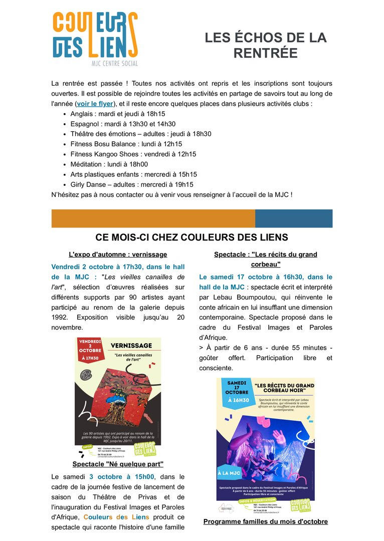 Newsletter mensuelle - Les échos de la rentrée | Couleurs des Liens