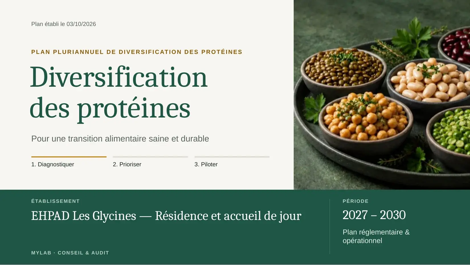 Couverture du PPDP d’un EHPAD, plan 2027–2030, avec ses trois étapes : diagnostiquer, prioriser, piloter