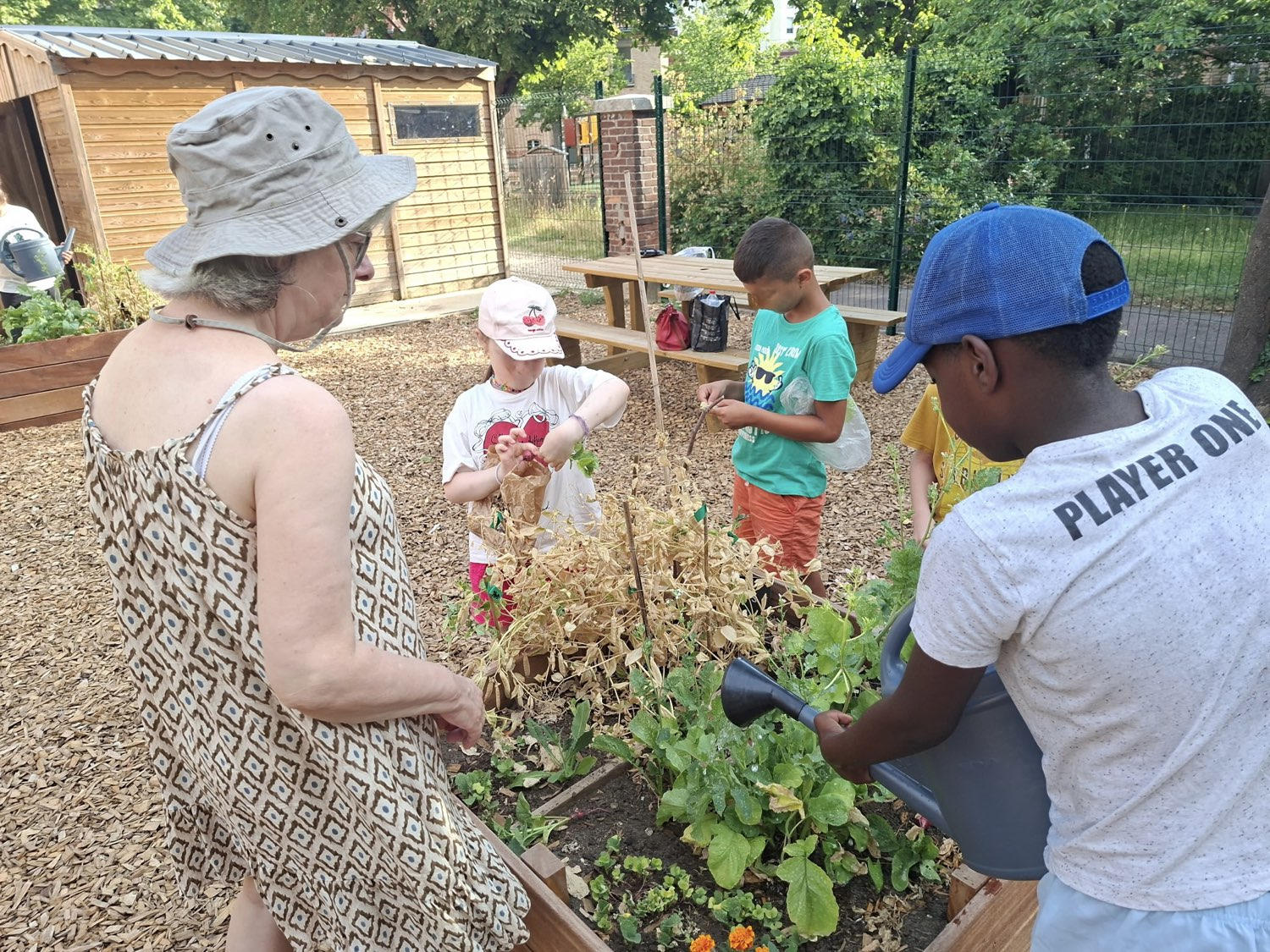 Des enfants et une adulte s'occupent d'un carré potager en bois dans un jardin partagé