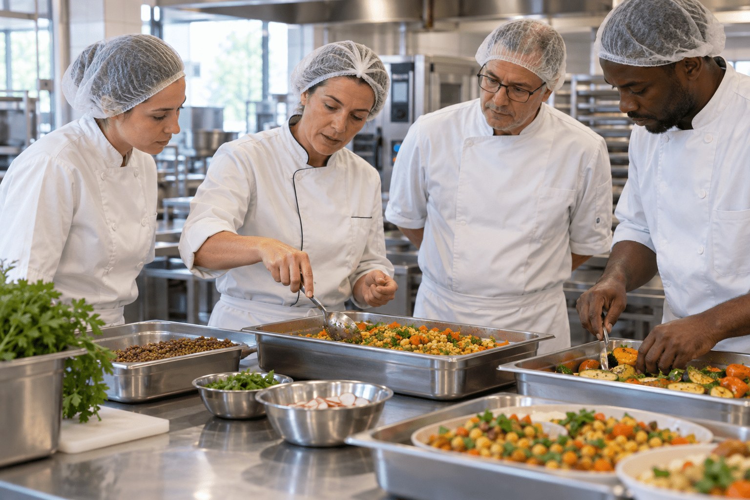 Une cheffe formatrice montre à des cuisiniers de restauration collective comment préparer une salade de pois chiches et de lentilles