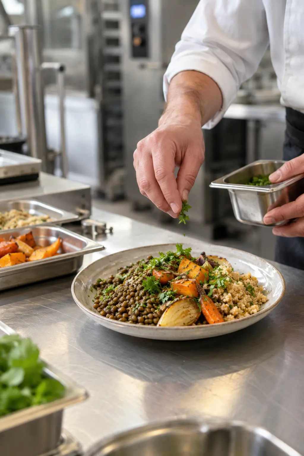 Préparation d’un repas végétal à base de lentilles dans une cuisine de restauration collective