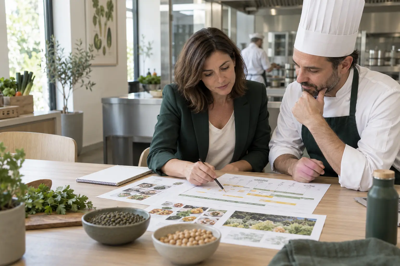 Équipe de restauration collective construisant un plan adapté à son secteur d’activité