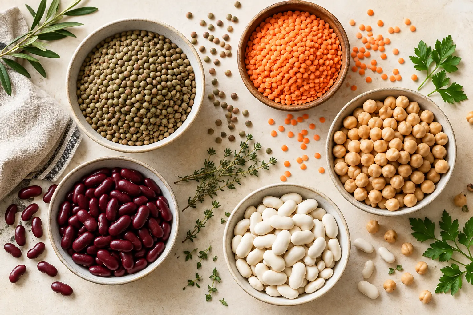 Différentes légumineuses : lentilles vertes et corail, pois chiches, haricots blancs et rouges