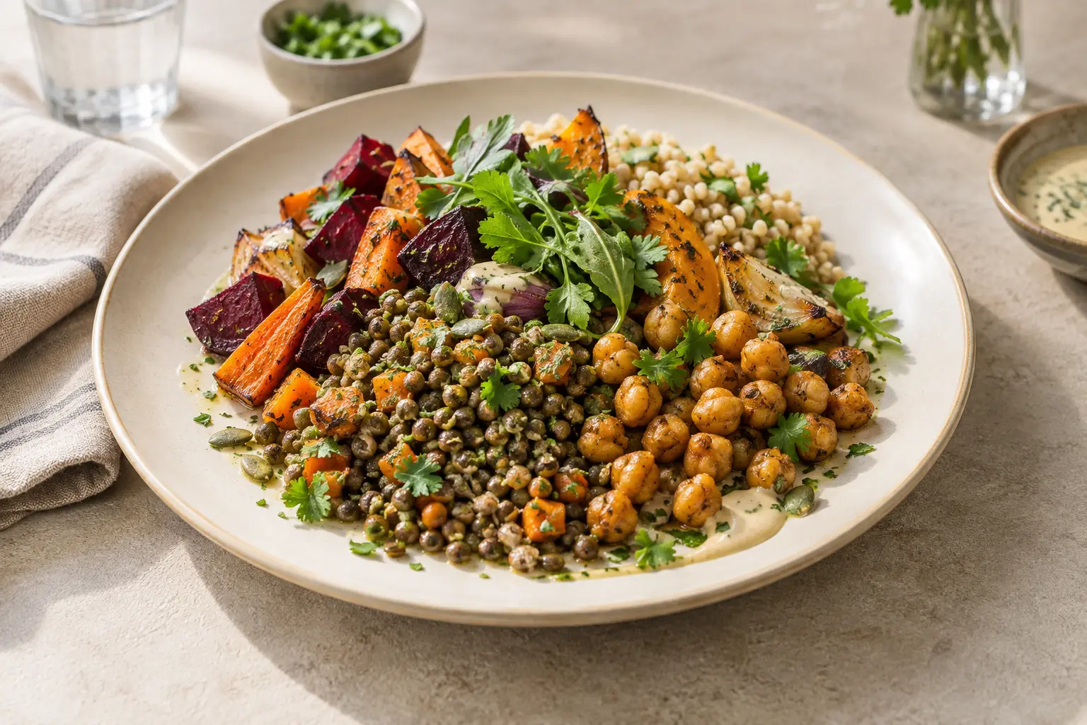 Plat végétal associant légumineuses, céréales et légumes