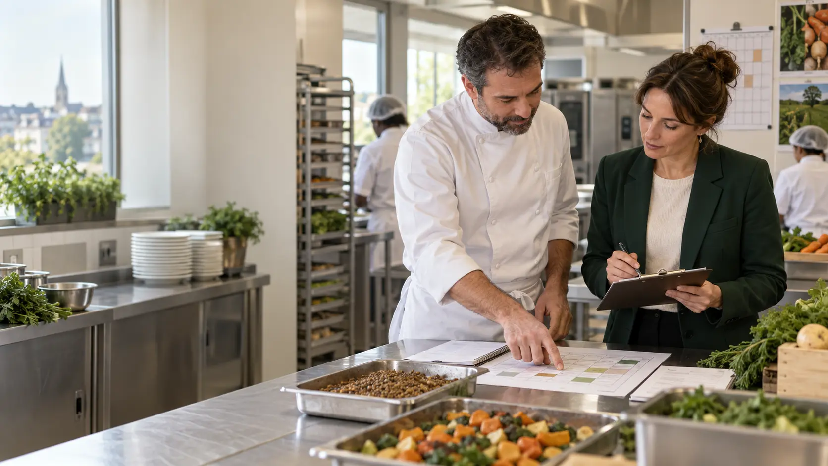 Responsable et chef de restauration collective préparant un plan pluriannuel de diversification des protéines